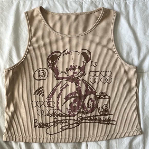 ROMWE Cartoon Bear Print Ribbed Tank Top - Picture 1 of 3